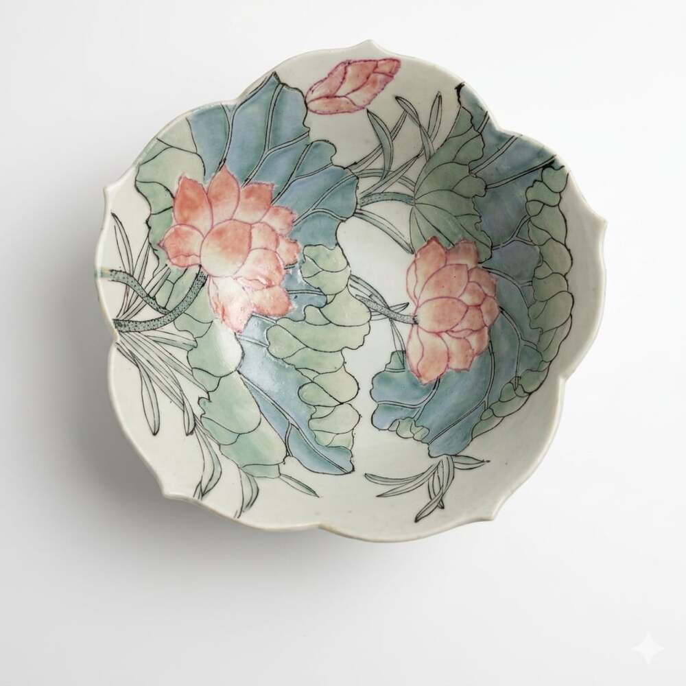 Hand-Painted Porcelain Lotus Flower Decorative Bowl 7.5 Inch